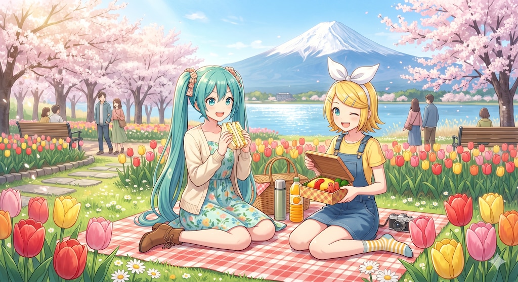 山梨旅行をするミクさんとリンさん