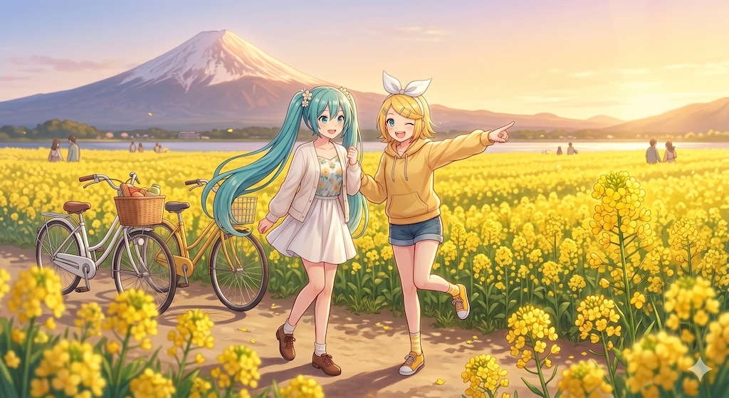 山梨旅行をするミクさんとリンさん