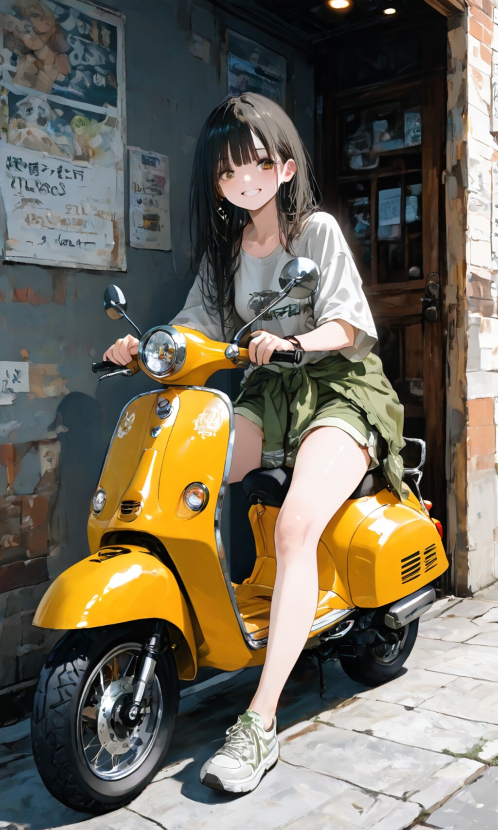 スクーターに跨る