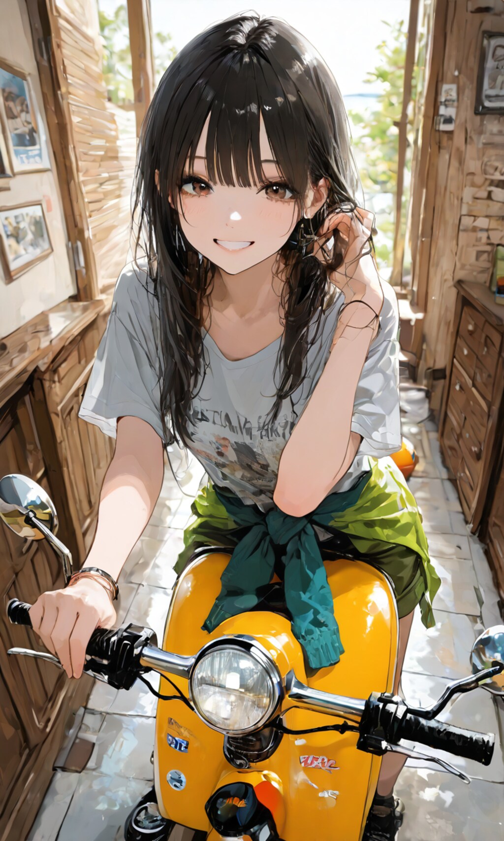 スクーターに跨る