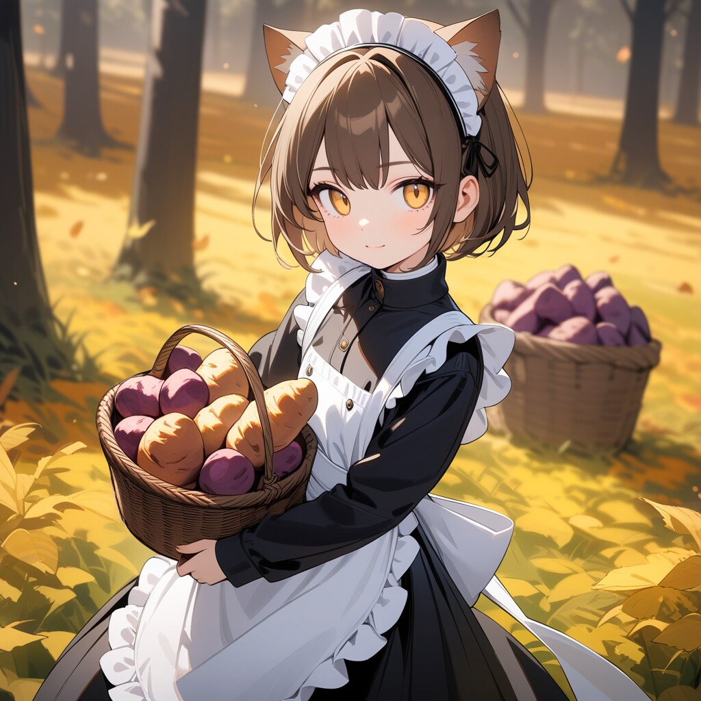 秋の芋を届ける喫茶店で働く猫娘