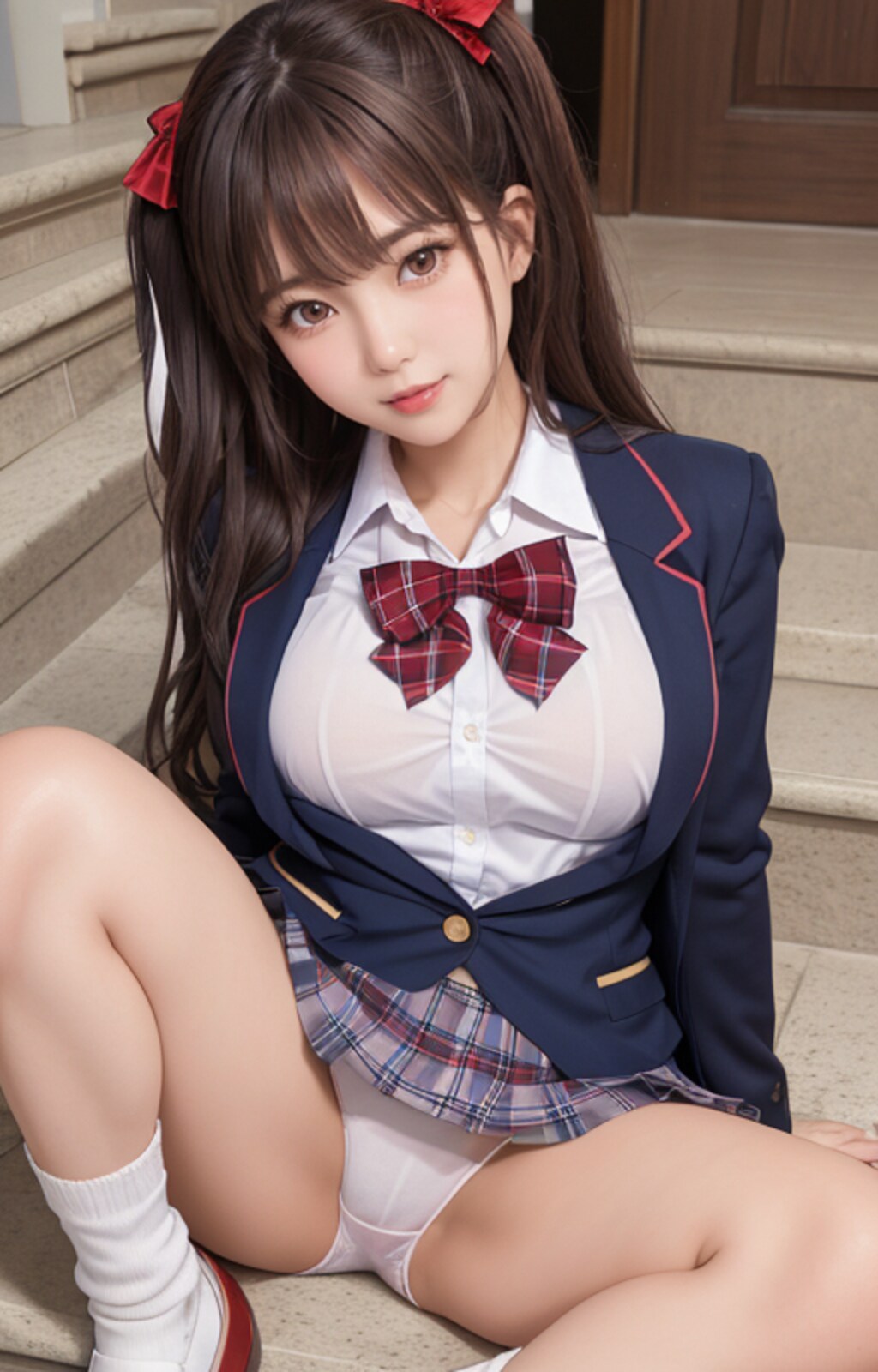 階段に座り誘惑する女子