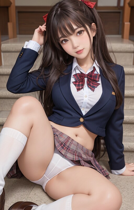 階段に座り誘惑する女子