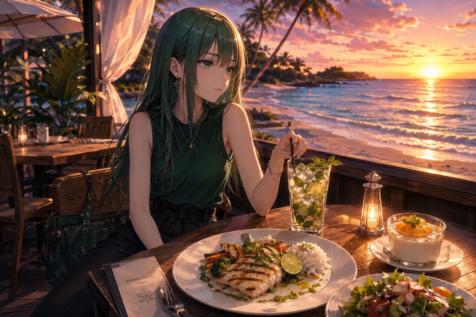 夕映えのリゾートカフェで味わう、ひとり旅の早めのディナー