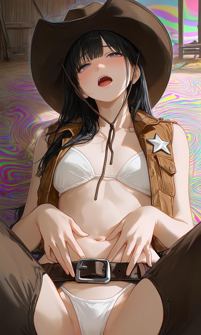 カウガールのイメージ撮影中の女の子の飲み物にこっそりと媚薬を入れたら……