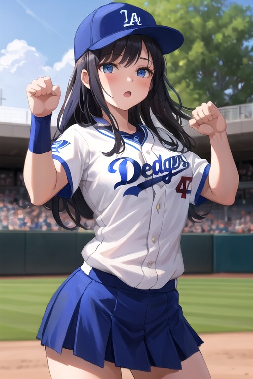 ドジャースユニフォームの黒髪少女