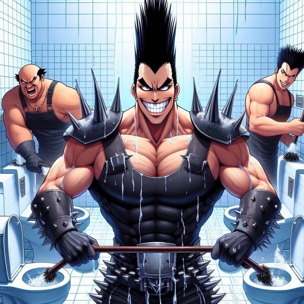 トイレ掃除する三兄弟