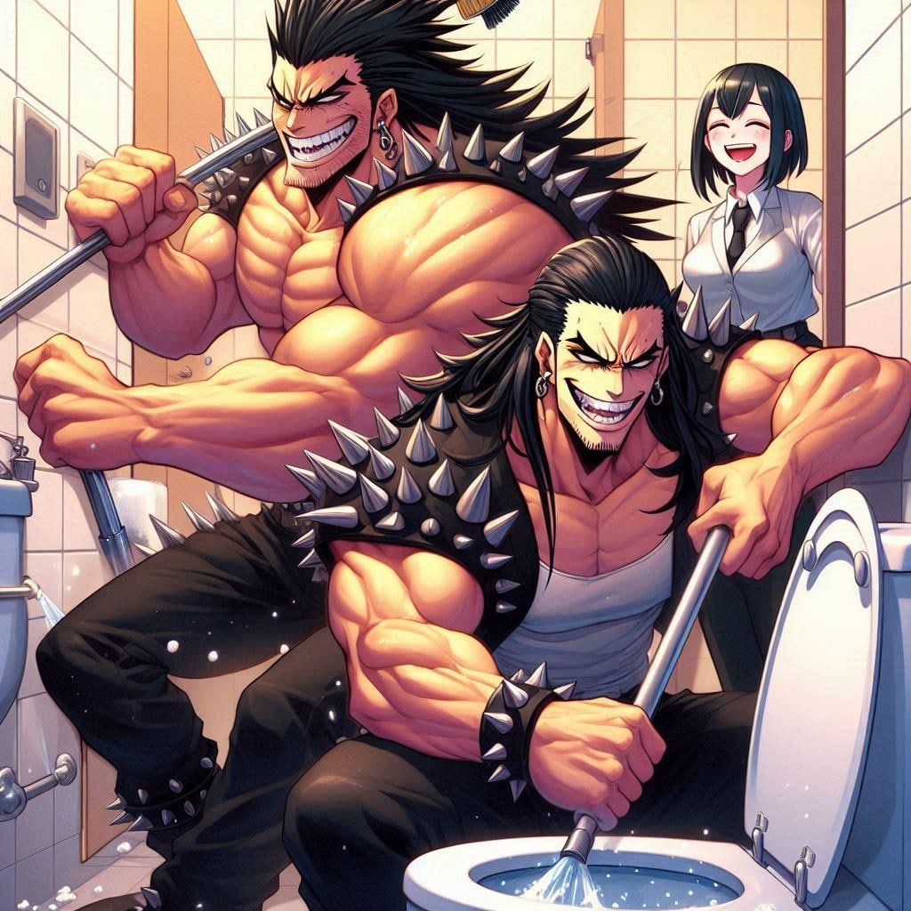 トイレ掃除する三兄弟