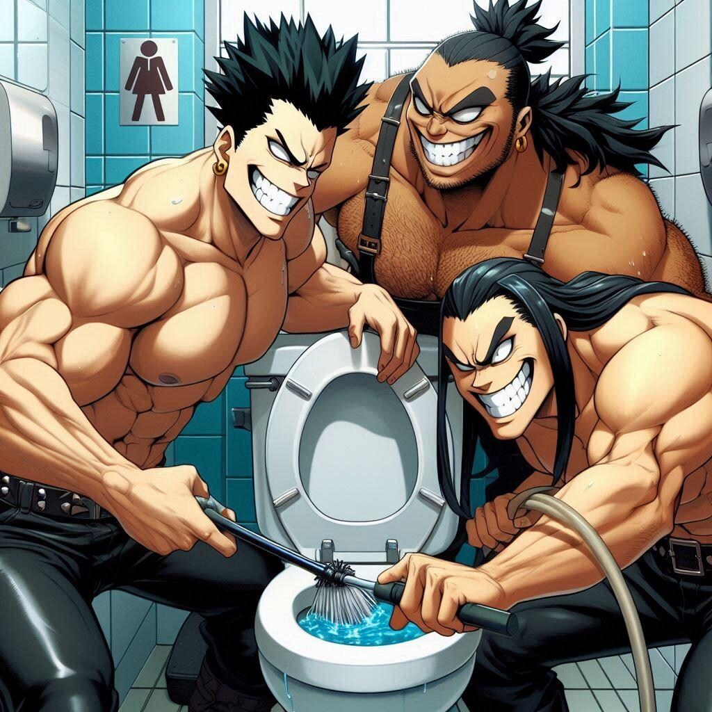 トイレ掃除する三兄弟