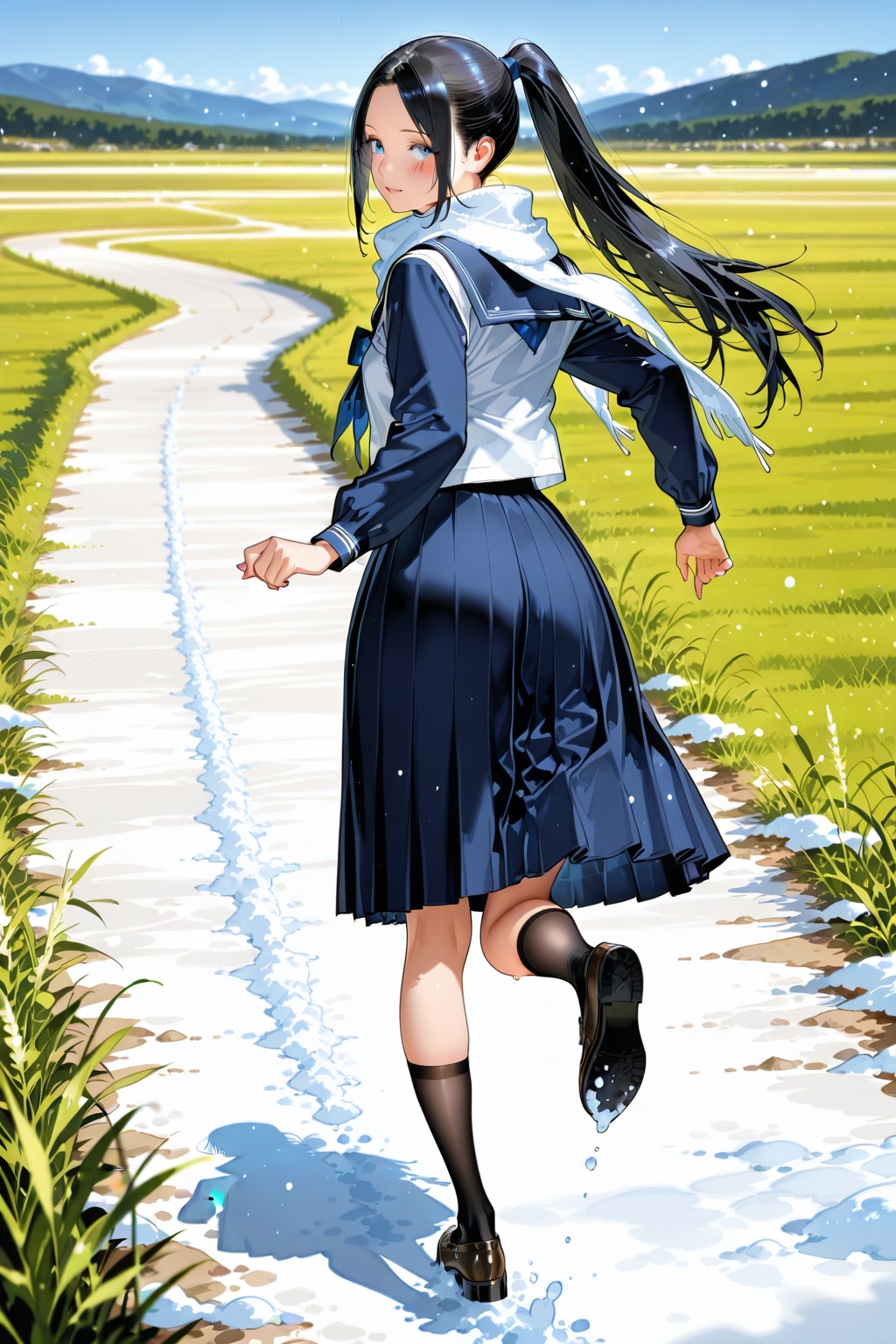 雪の草原を振り向きながら走る少女