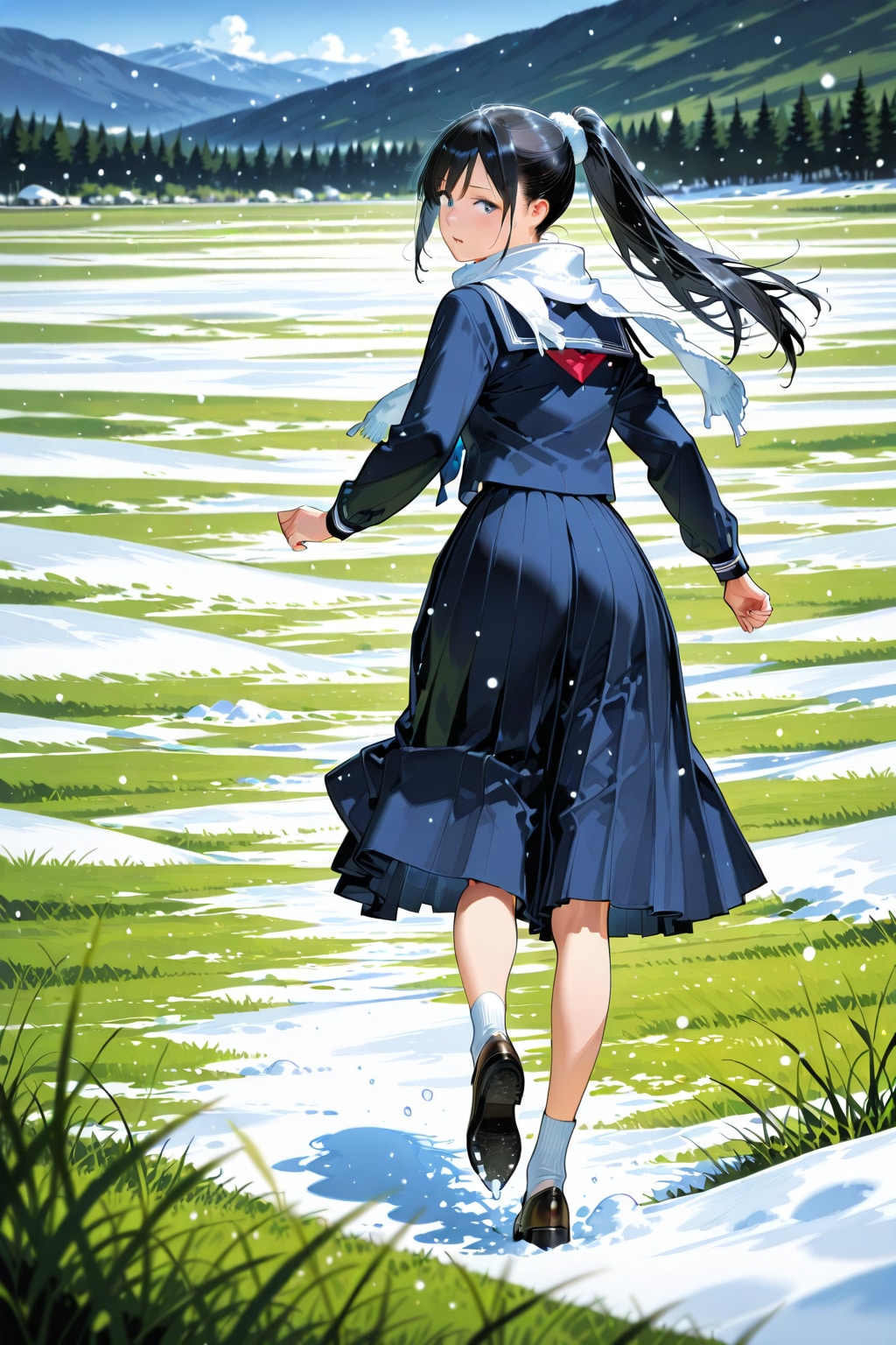 雪の草原を振り向きながら走る少女 | の人気AIイラスト・グラビア