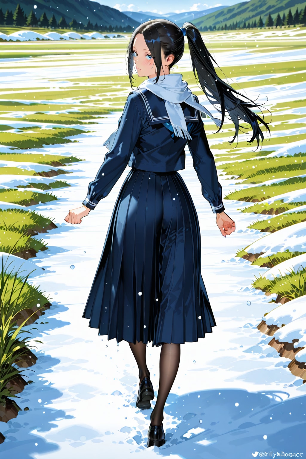 雪の草原を振り向きながら走る少女