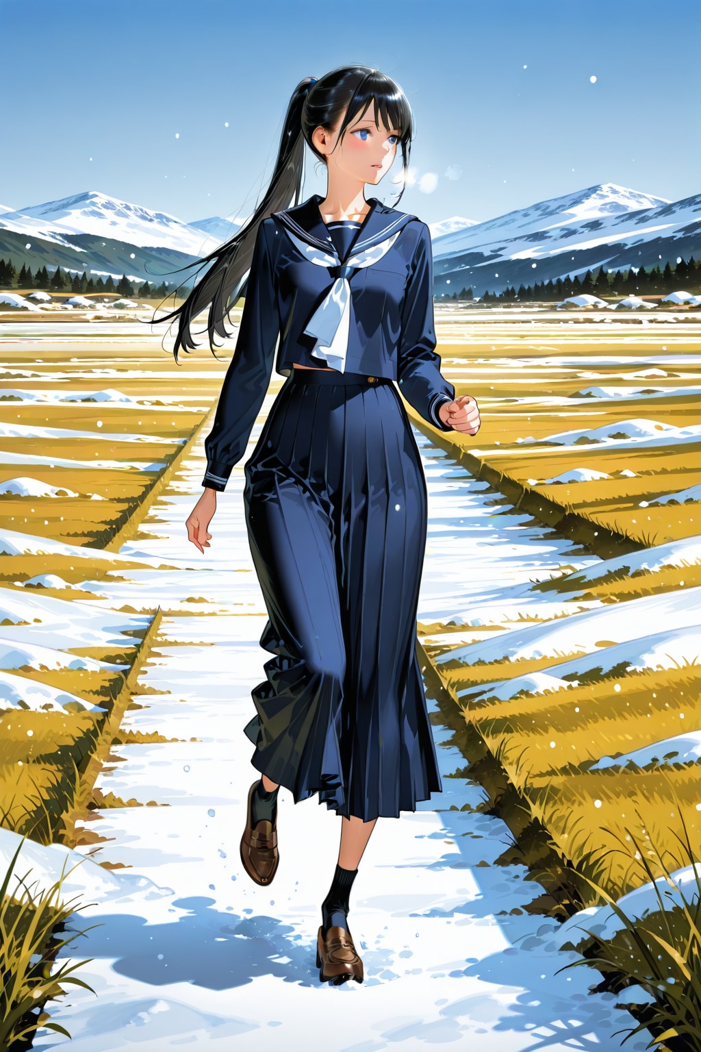 雪の草原を振り向きながら走る少女