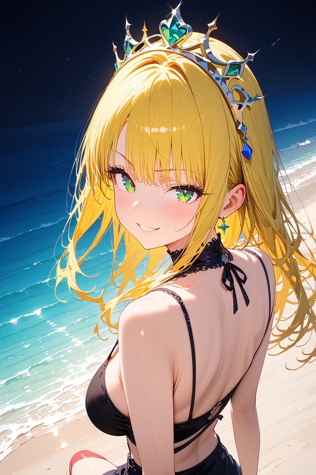 姫と夜の海岸散歩