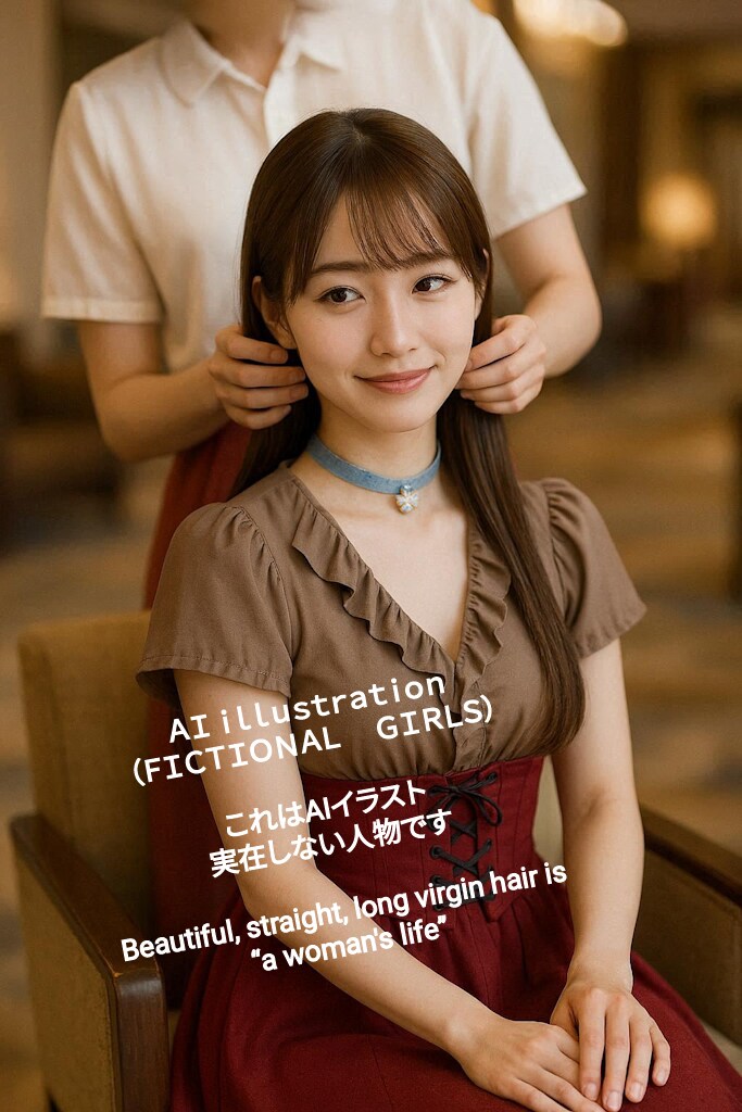 髪を整えてもらうストレートロングヘア美少女