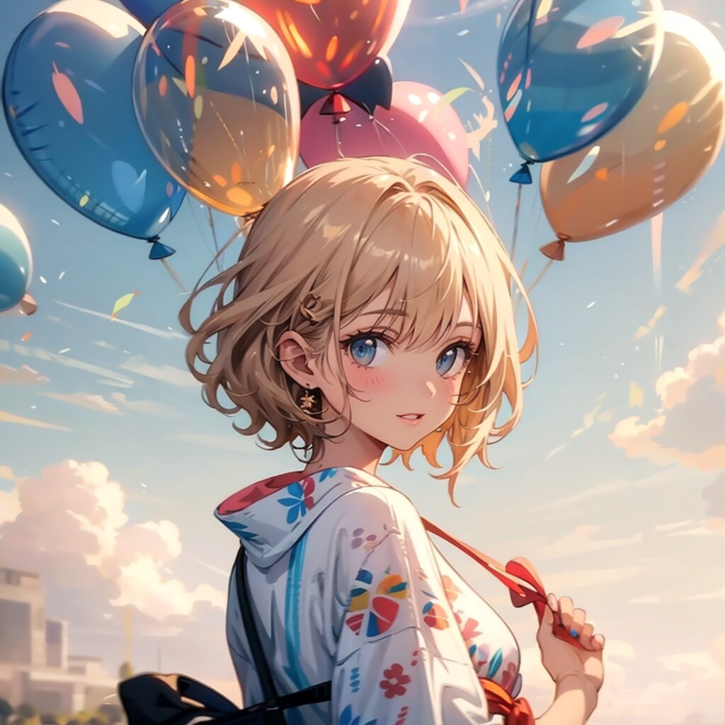 いっぱい風船を持つブロンドショートカットの着物着た美女。 | の人気AIイラスト・グラビア