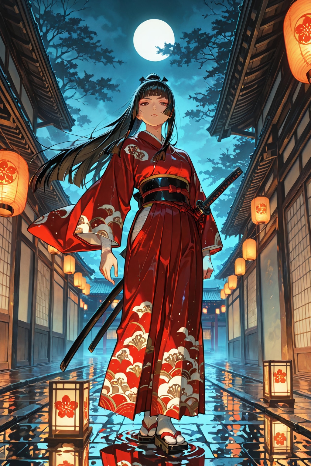 月下の侍女性。