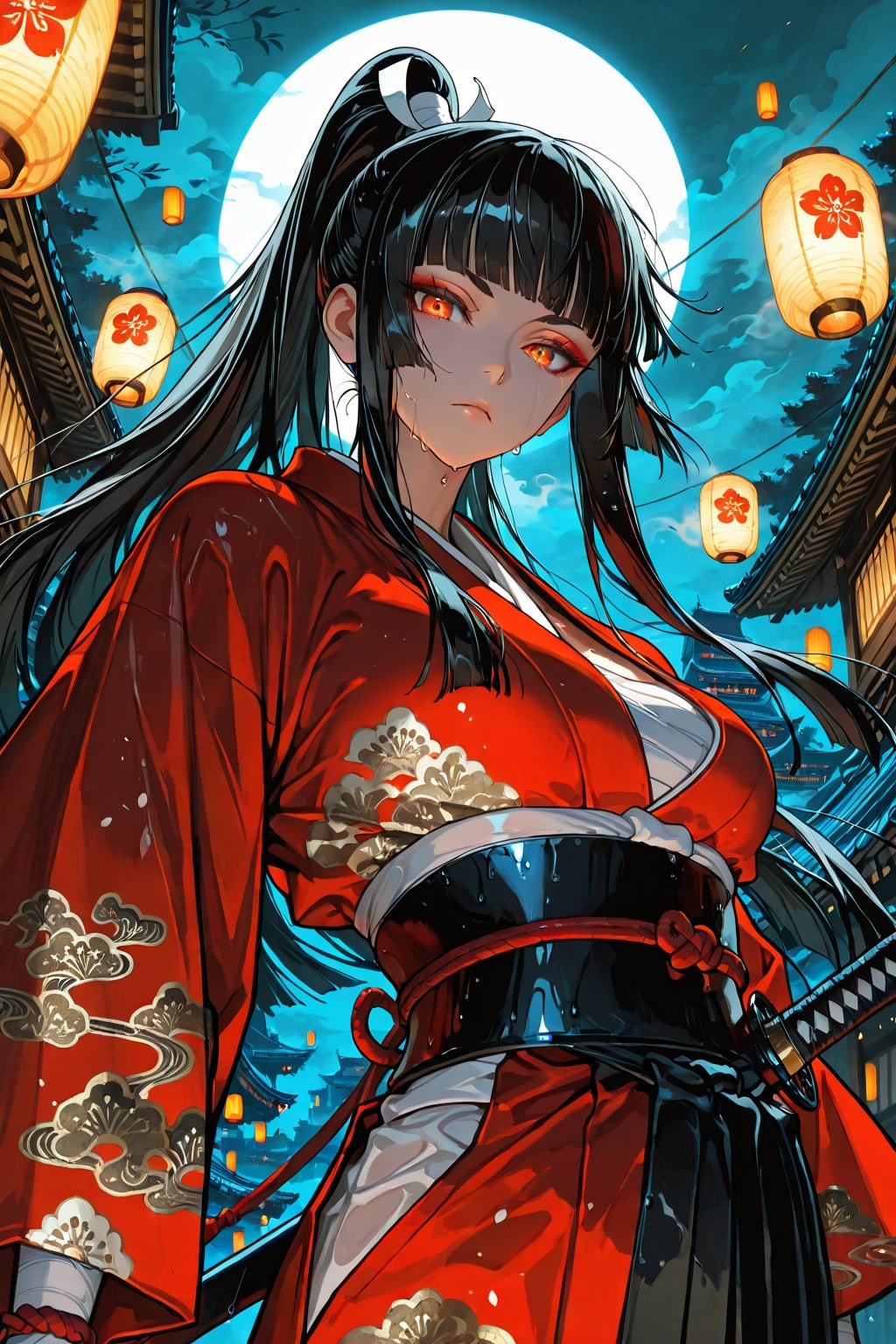 月下の侍女性。