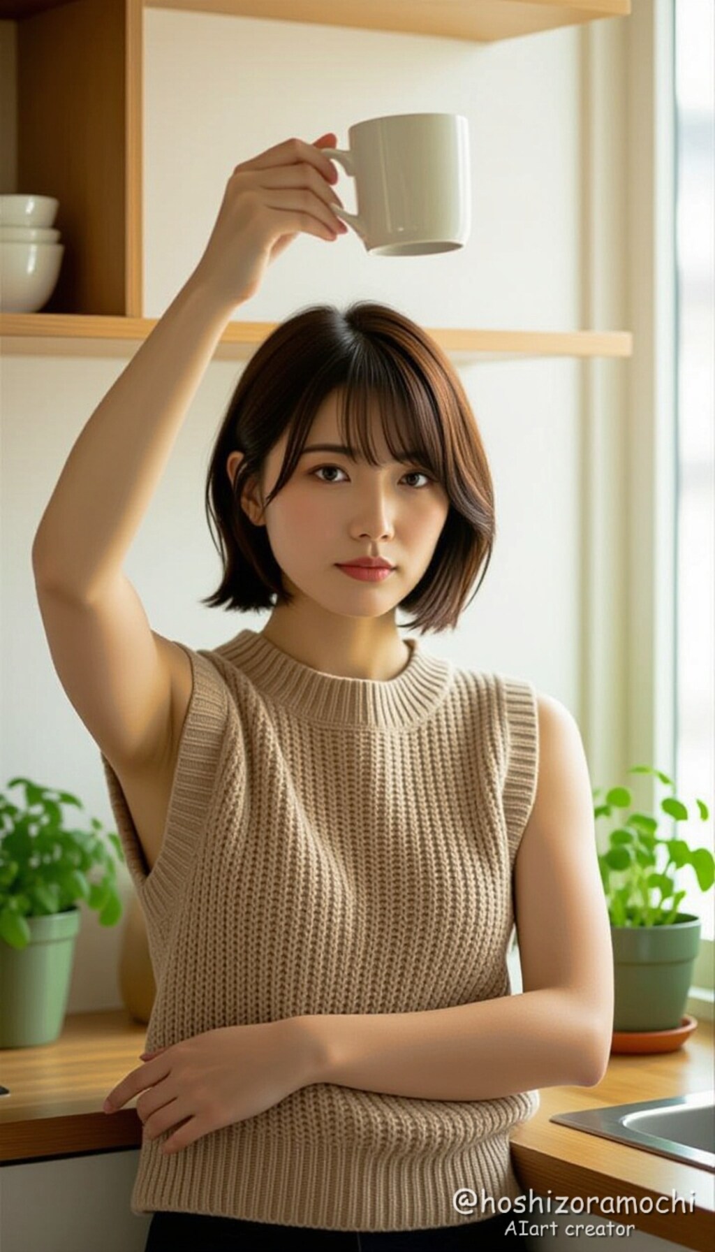 キッチンで、棚の上のカップを取る - In the kitchen, pick up a cup on the shelf