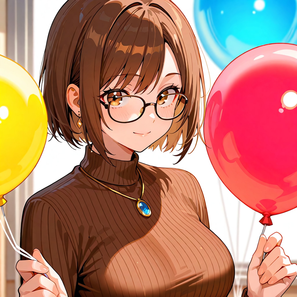いっぱい色とりどりの風船を持つブラウンショートカットのメガネかけた美女教師