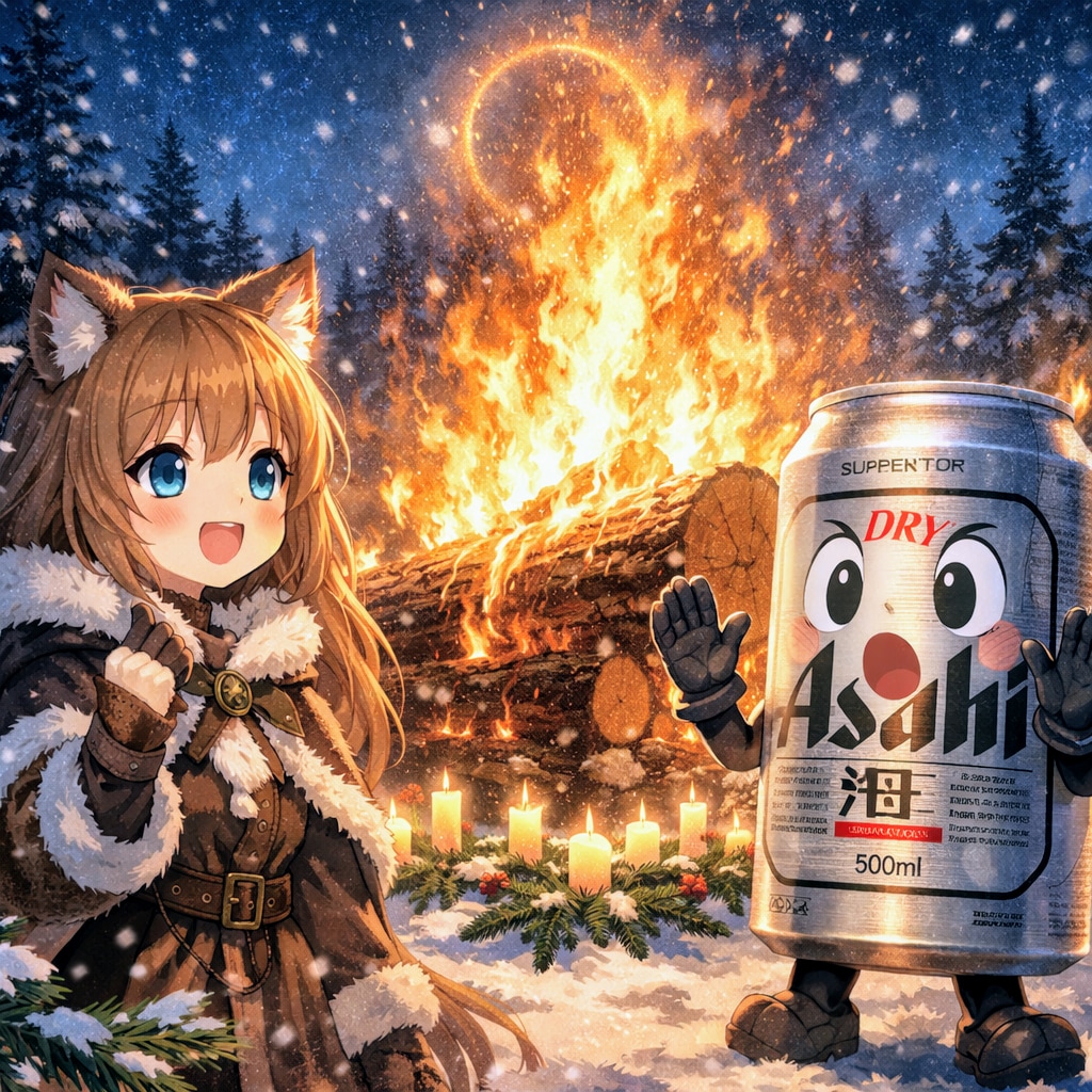 ユール・ログの炎を眺める小さな女の子