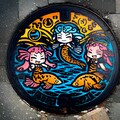 夏の風に舞うご当地マンホールに描かれた人魚と魚たちの海のアート 2枚目