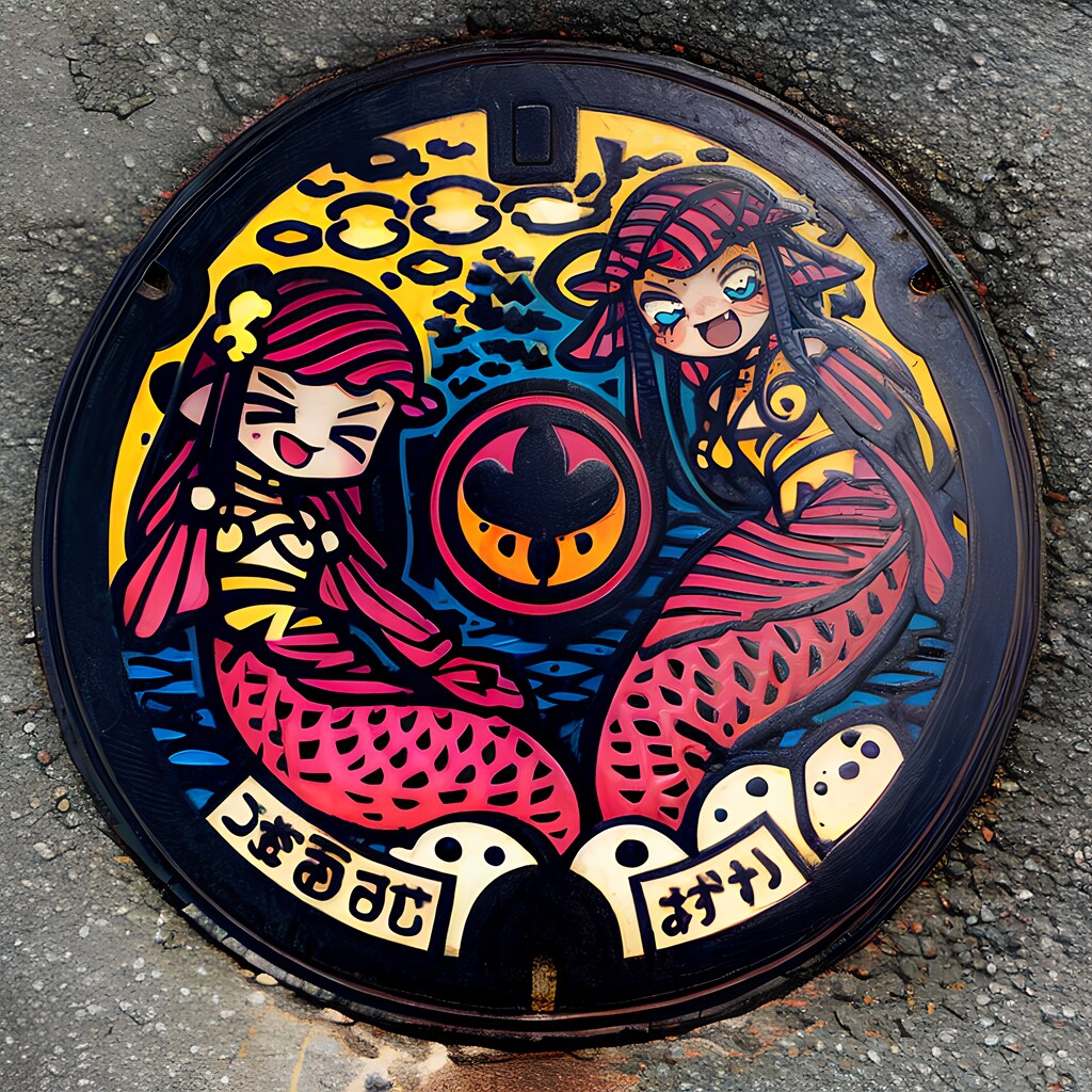 夏の風に舞うご当地マンホールに描かれた人魚と魚たちの海のアート