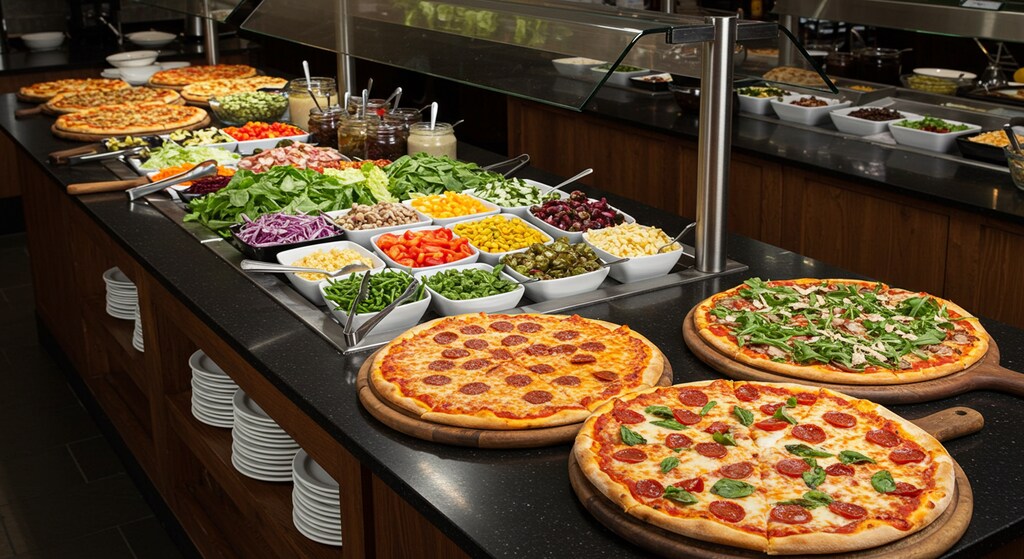 摩訶不思議食堂の新鮮野菜サラダバーはピザ付き