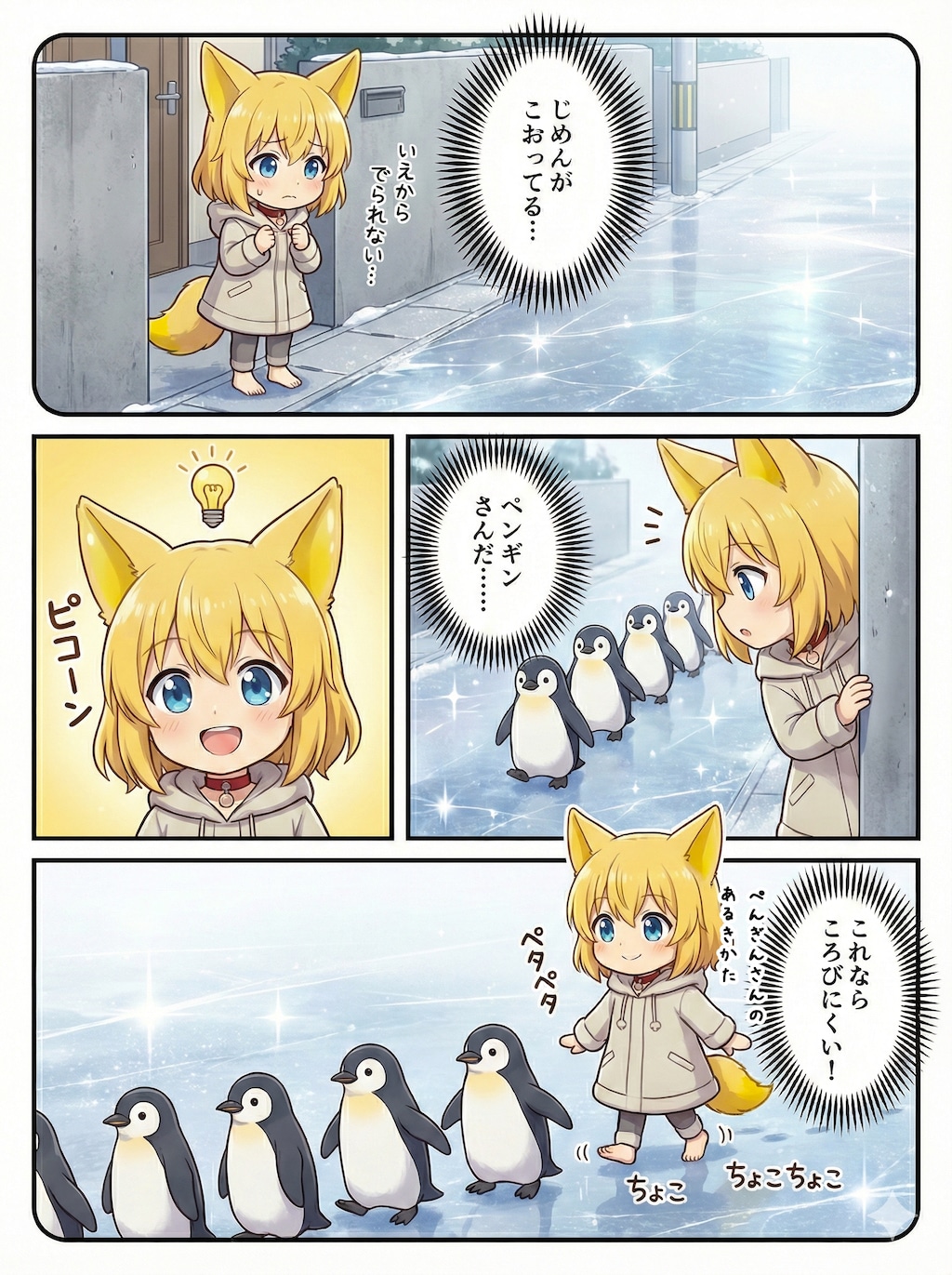 行進するペンギンさんの列に加わるキツネ