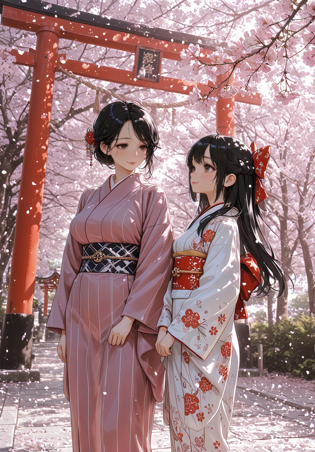 桜の下、母と娘 | の人気AIイラスト・グラビア