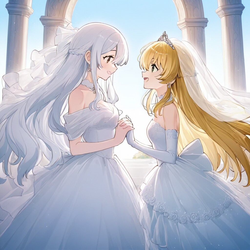 ウェディングドレスを試着する2人