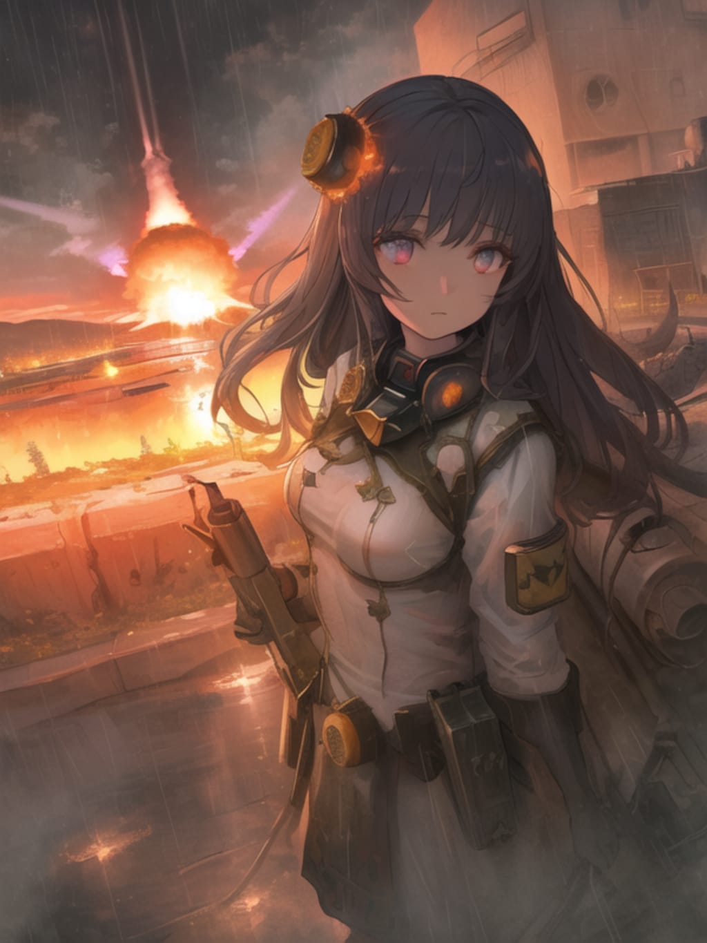 爆発背景で美少女