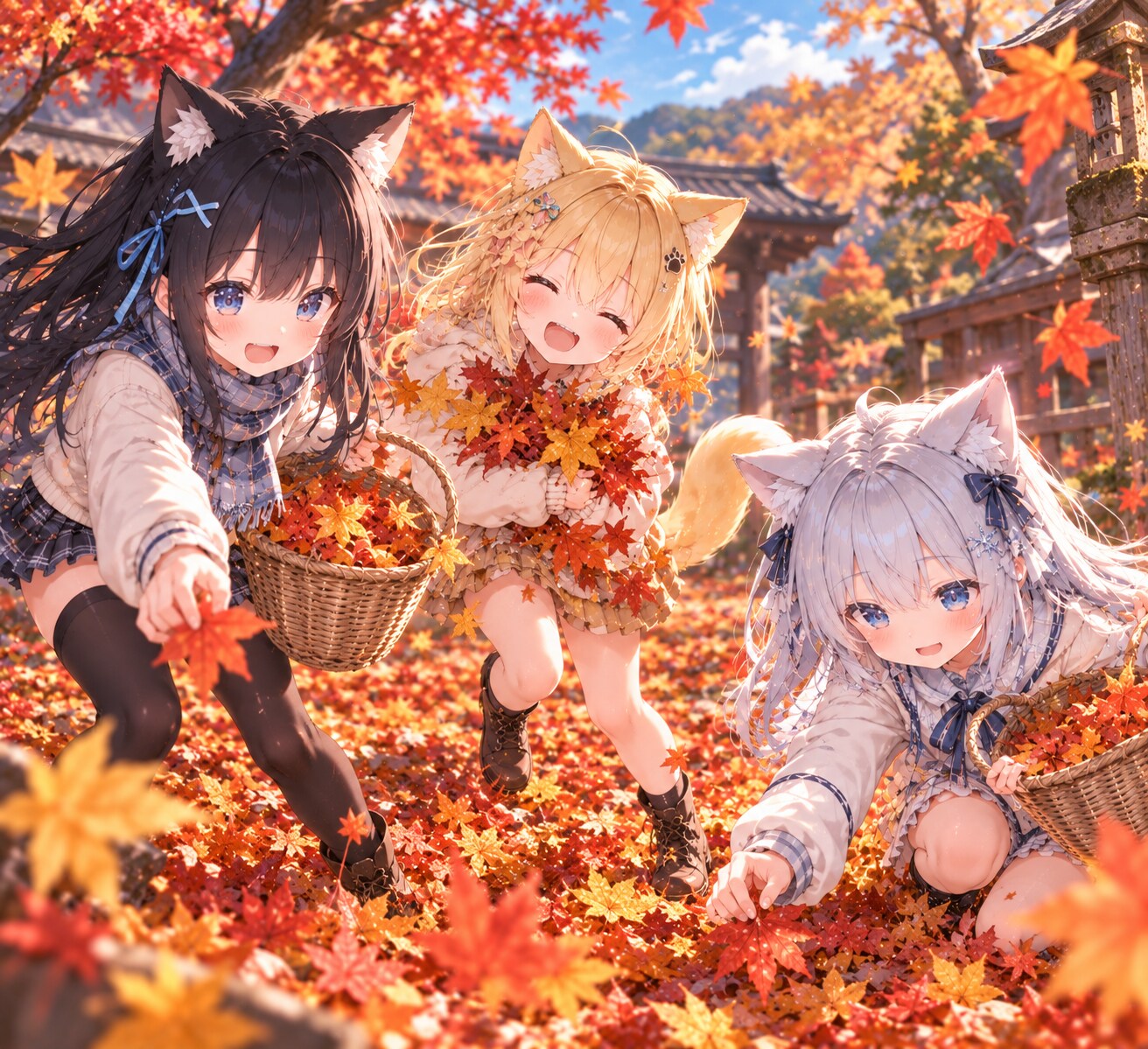落ち葉ひろい競争！🍁 | の人気AIイラスト・グラビア
