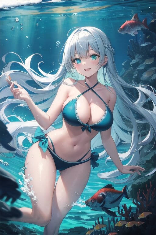 水中を魚と泳ぐ銀髪ビキニ