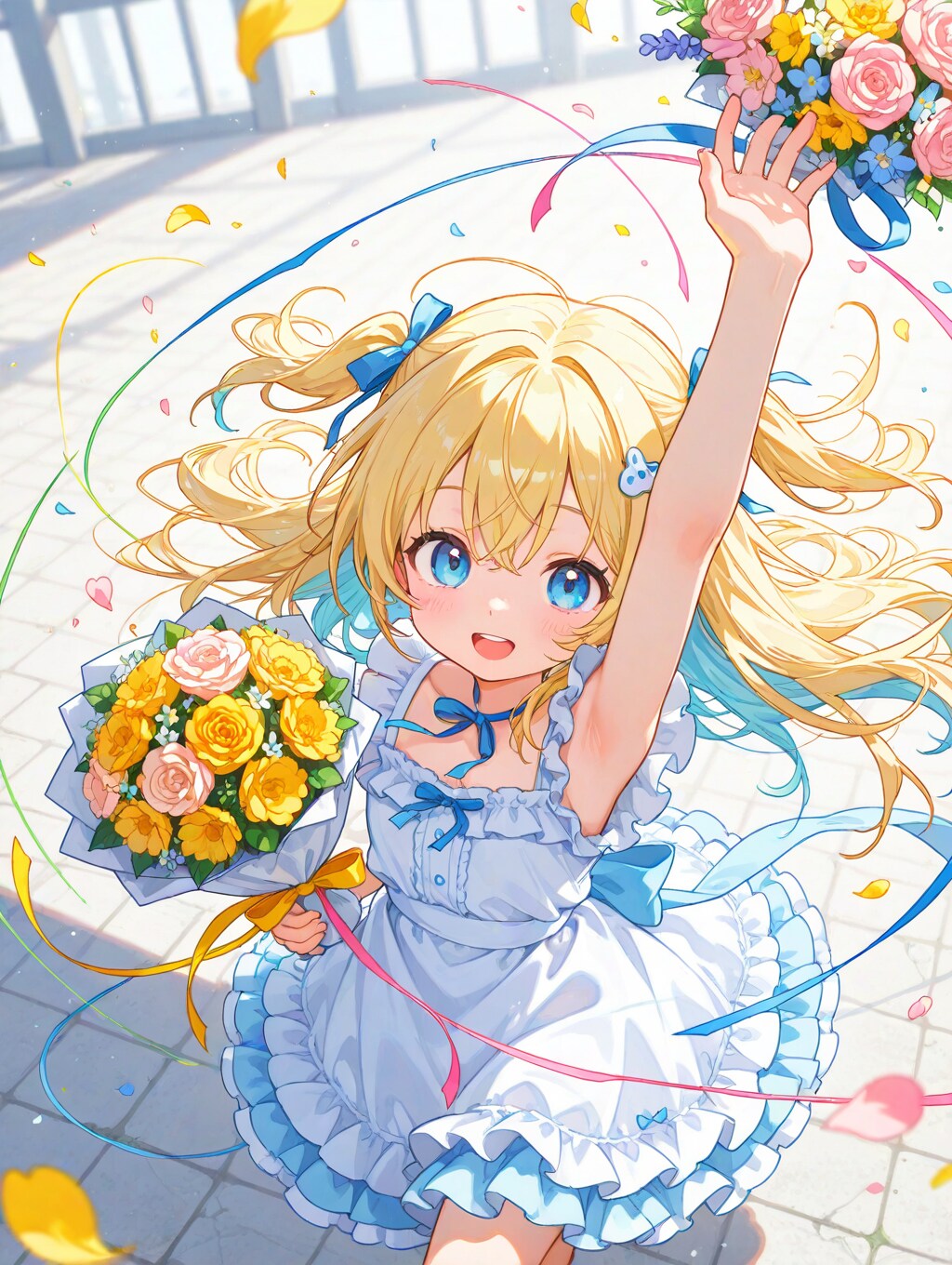 花束が舞い上がり、温かな祝福を届ける