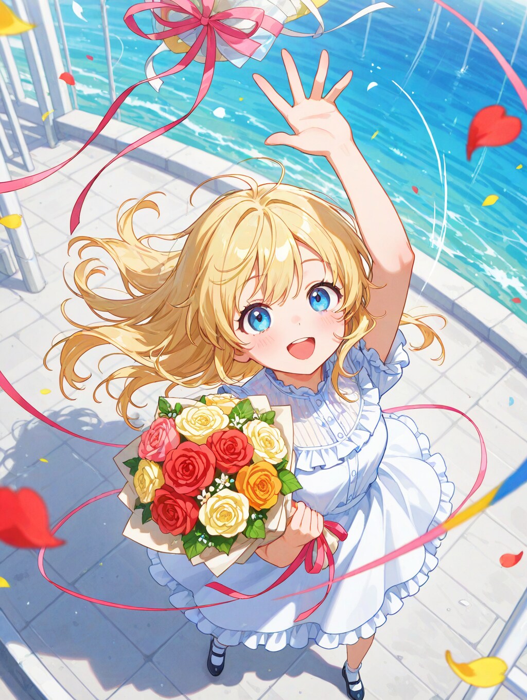 花束が舞い上がり、温かな祝福を届ける