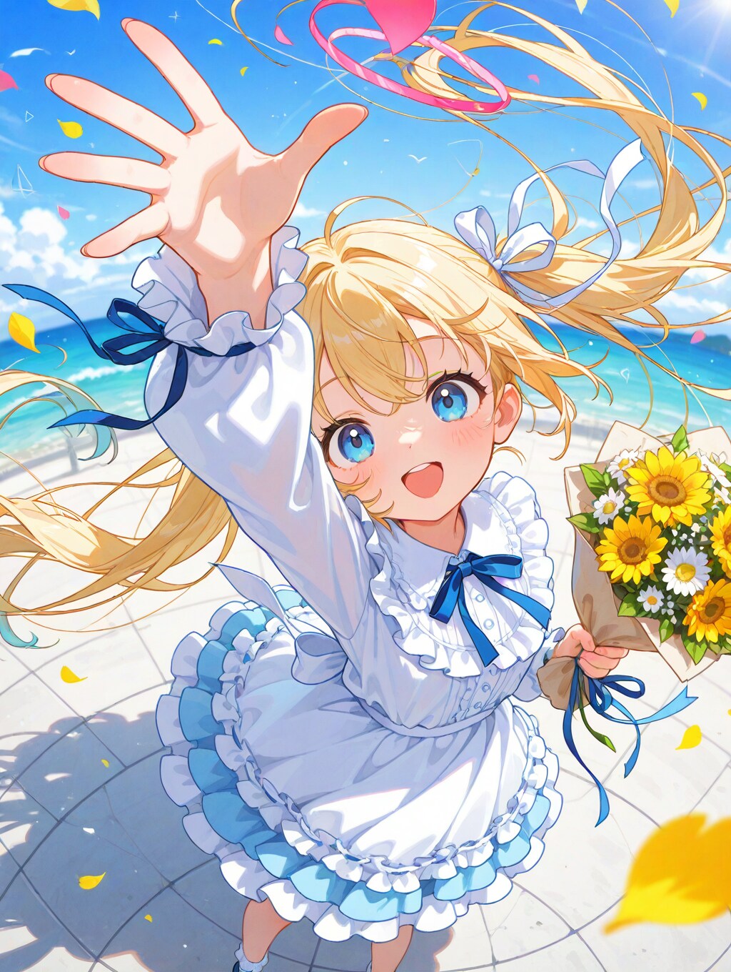 花束が舞い上がり、温かな祝福を届ける