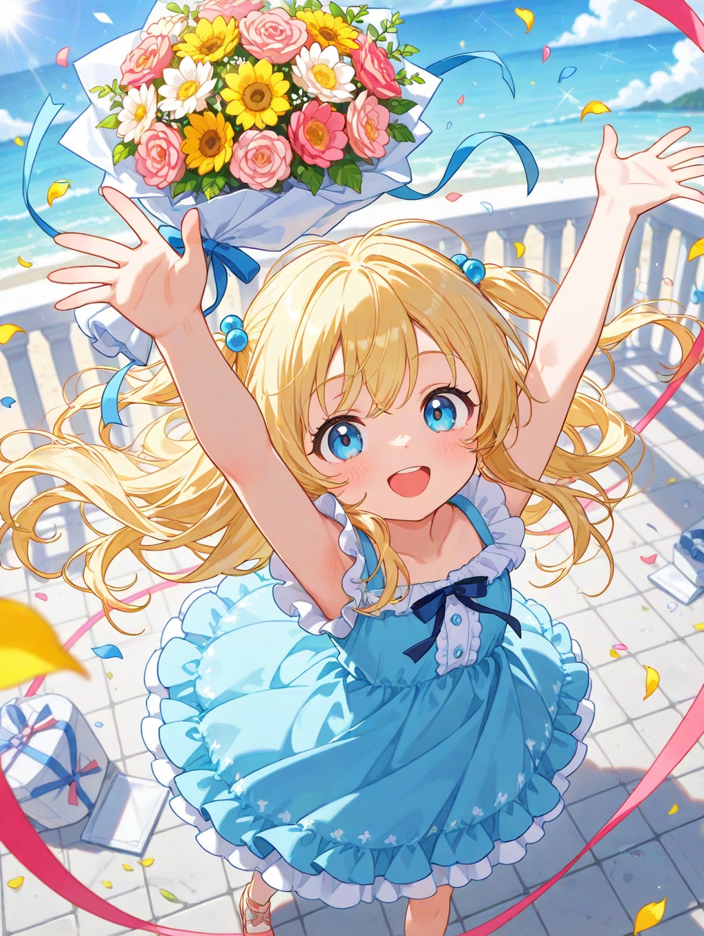 花束が舞い上がり、温かな祝福を届ける