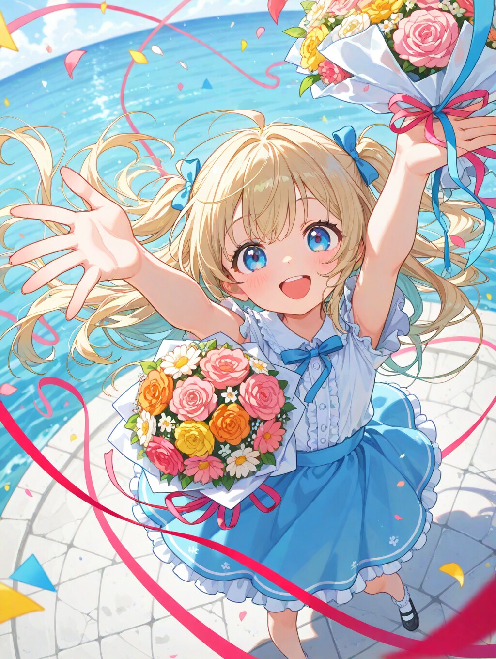 花束が舞い上がり、温かな祝福を届ける