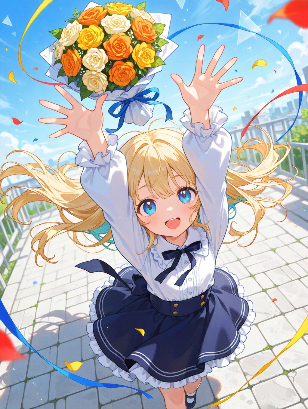 花束が舞い上がり、温かな祝福を届ける