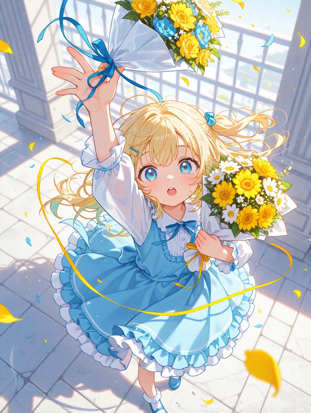 花束が舞い上がり、温かな祝福を届ける