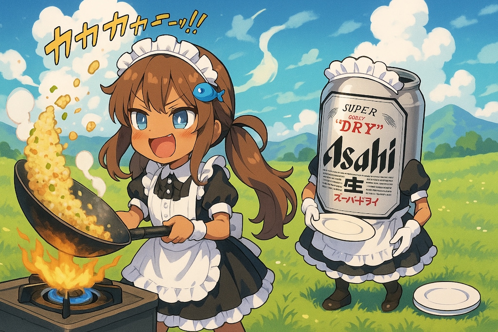 屋外でチャーハンを作るメイドの小さな女の子