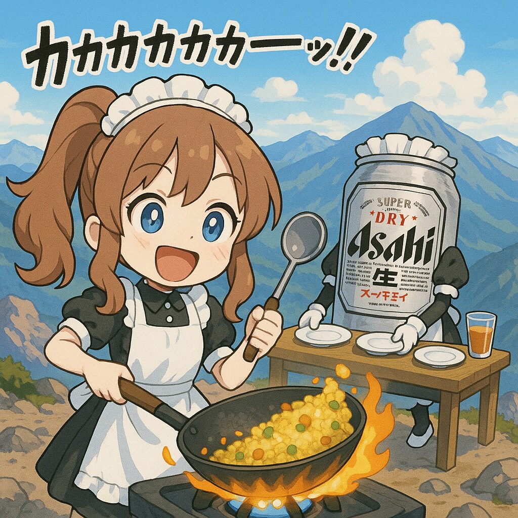 屋外でチャーハンを作るメイドの小さな女の子