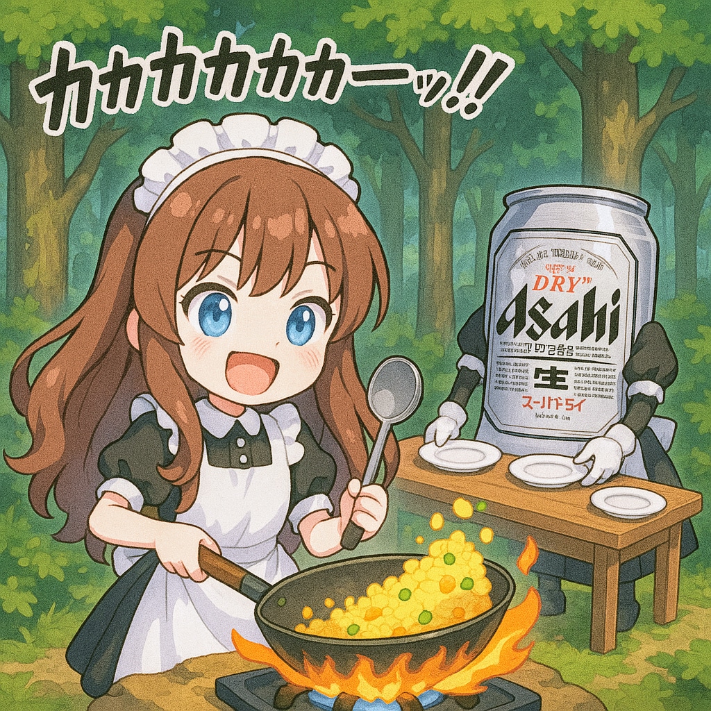 屋外でチャーハンを作るメイドの小さな女の子