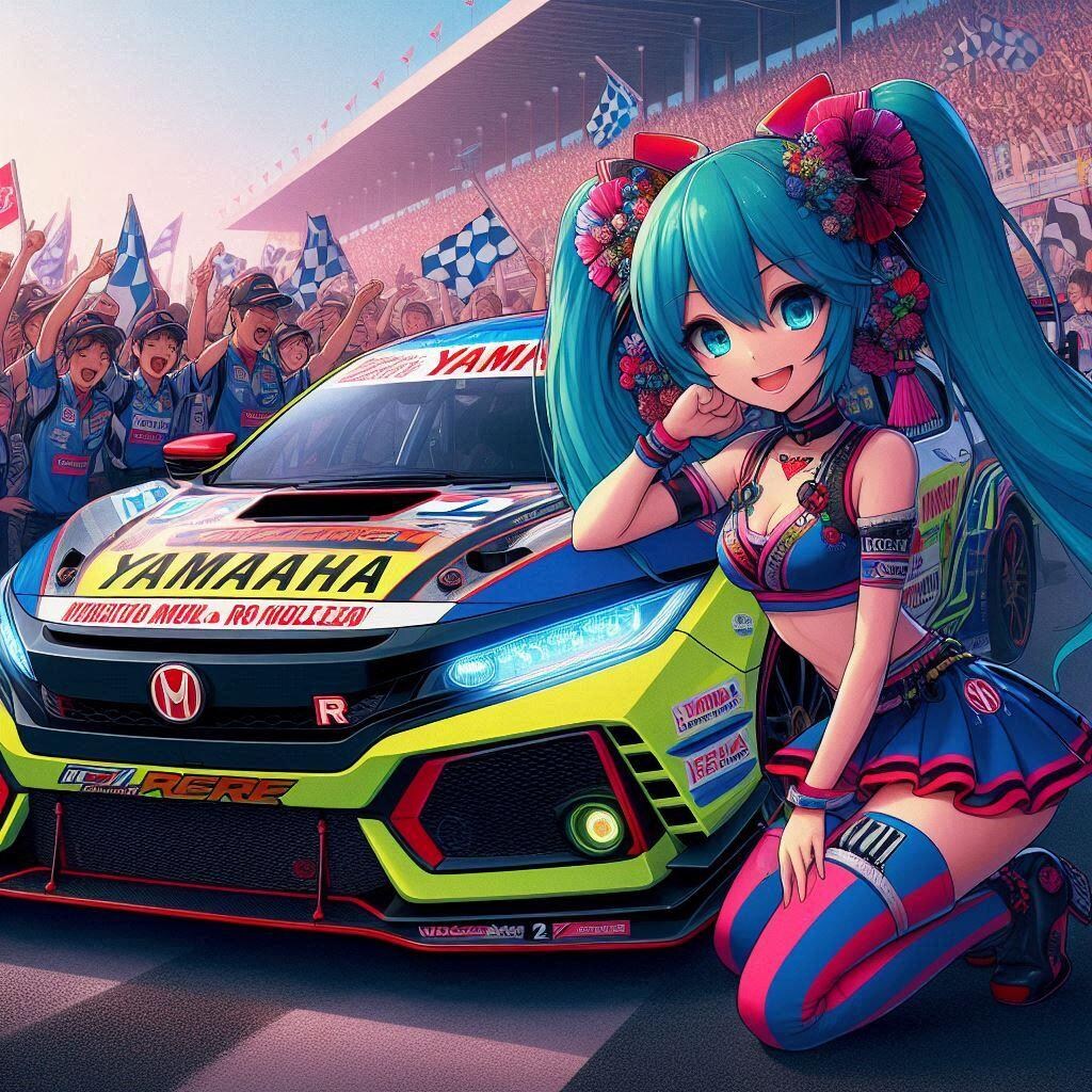 ヤマハカラーシビックタイプRレーシングカーとチアガール初音ミク