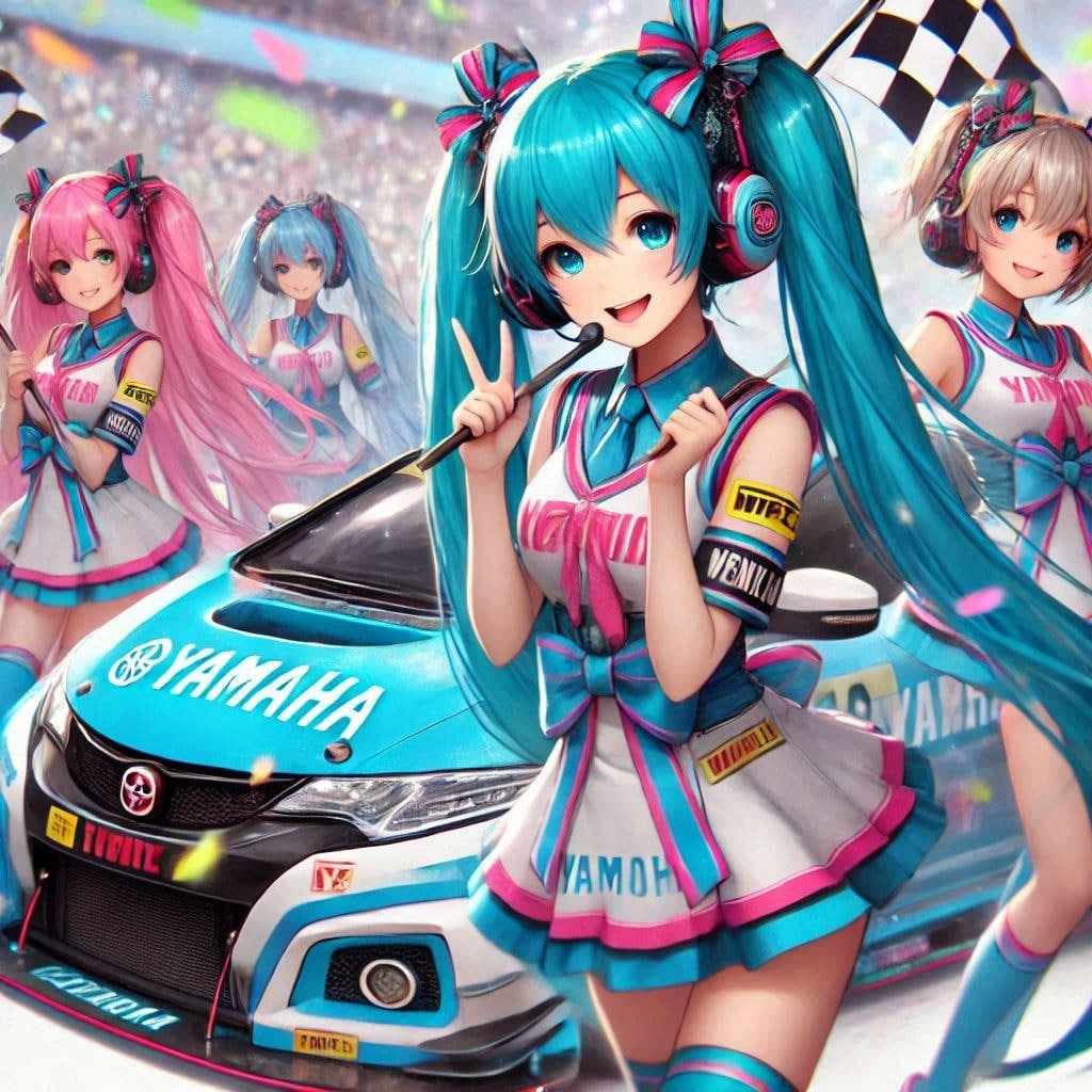 ヤマハカラーシビックタイプRレーシングカーとチアガール初音ミク