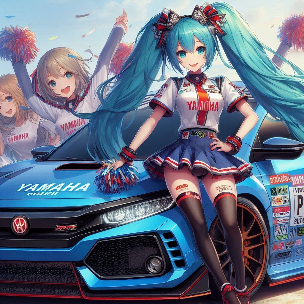 ヤマハカラーシビックタイプRレーシングカーとチアガール初音ミク
