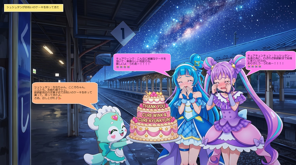 キュアウインクとキュアキュンキュン、釧路駅で熱唱！