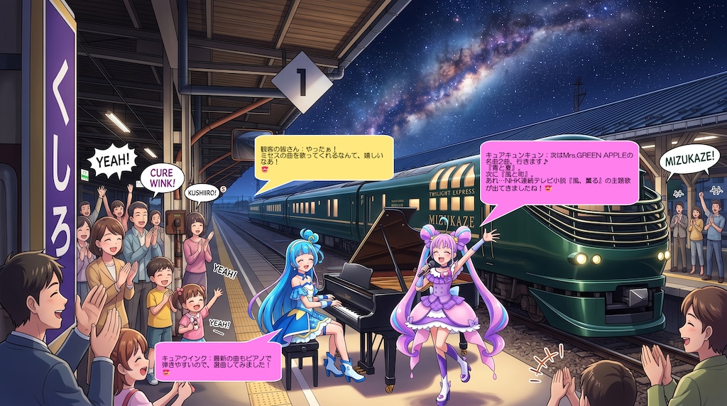 キュアウインクとキュアキュンキュン、釧路駅で熱唱！