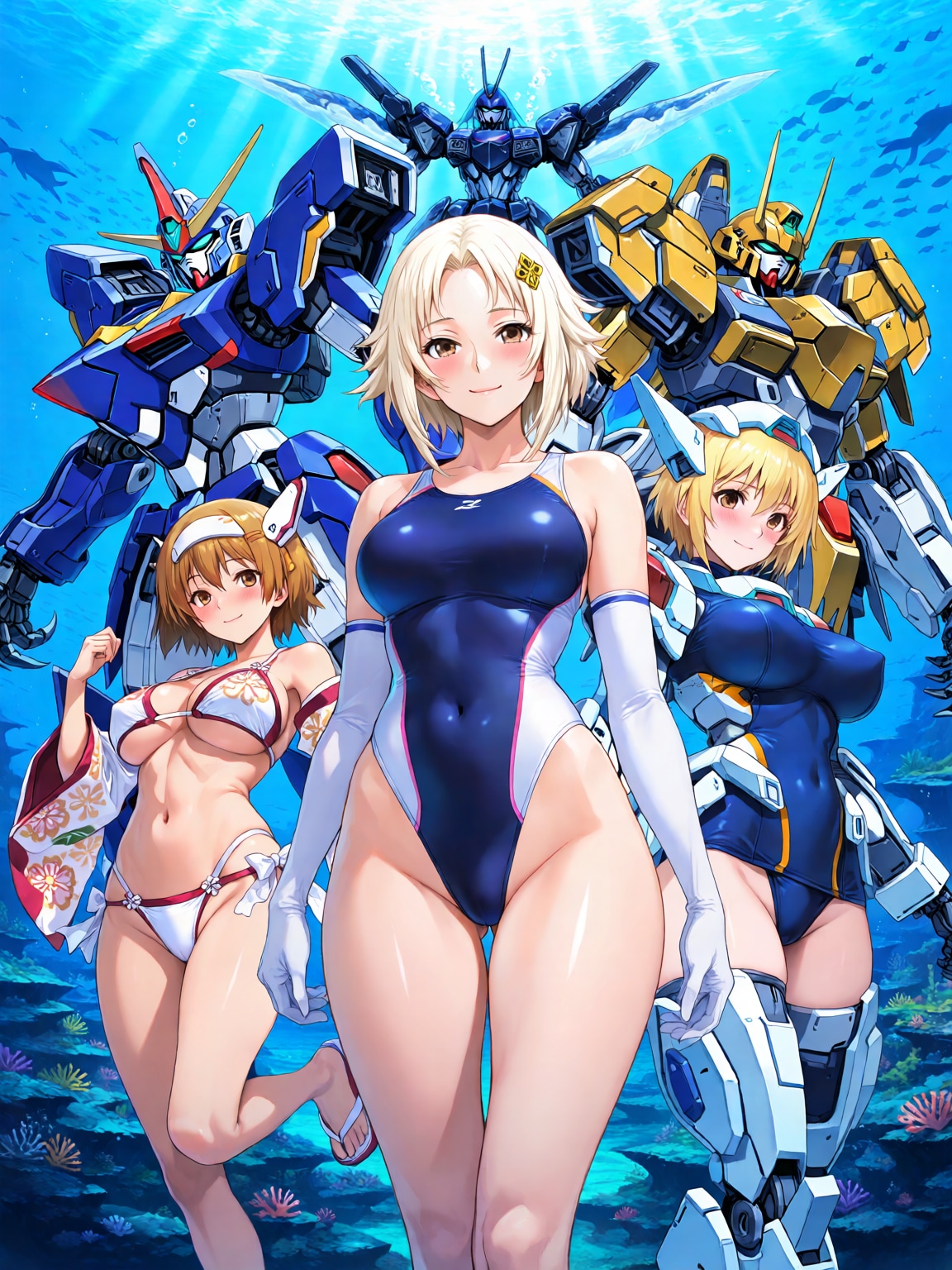 美少女メカ娘達よ！戦闘ロボットの操作ユニットとなり！母なる海を護れ！・・（的な内容のメカモノのポスター構図風イラスト）